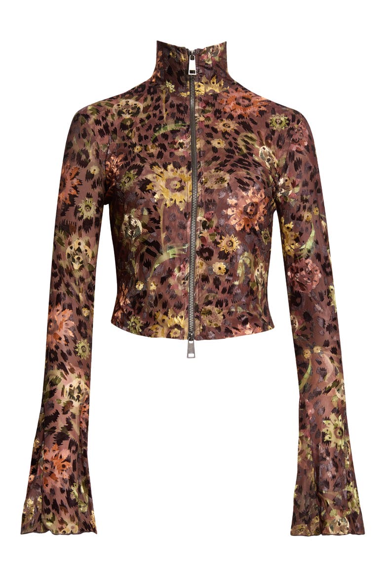 Jun Stretch Velvet Devoré Crop Zip Jacket, Main, color, BROWN MULTI