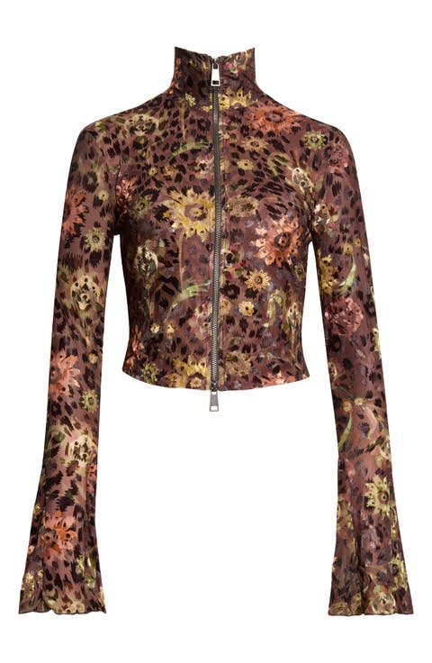 Jun Stretch Velvet Devoré Crop Zip Jacket