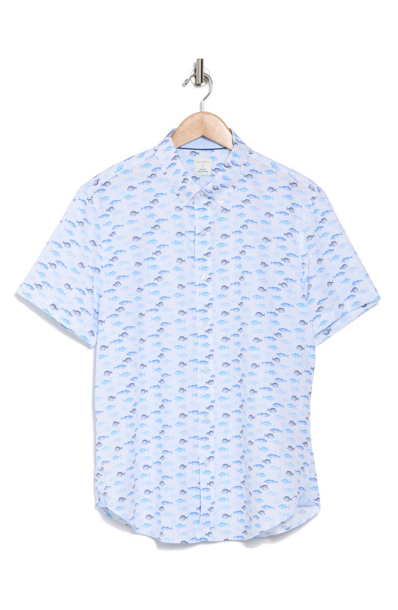 CONSTRUCT Fish Print Short Sleeve Stretch Button-Down Shirt, Alternate, color, White