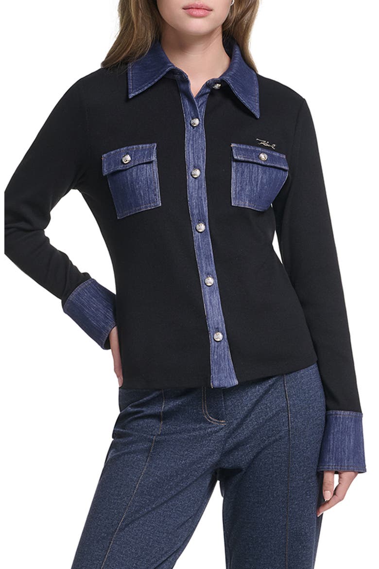 Denim Accent Knit Shirt, Main, color, BLACK