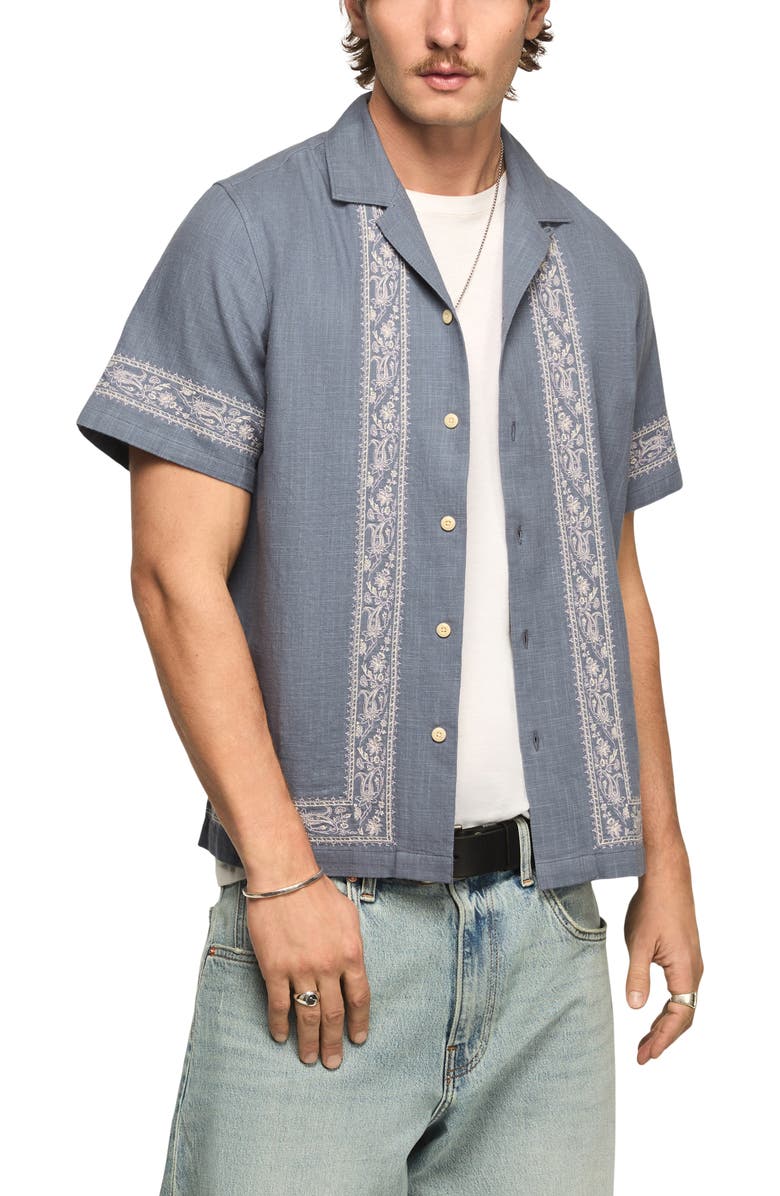 Lucky Brand Embroidered Cotton Blend Camp Shirt, Main, color, Blue Multi