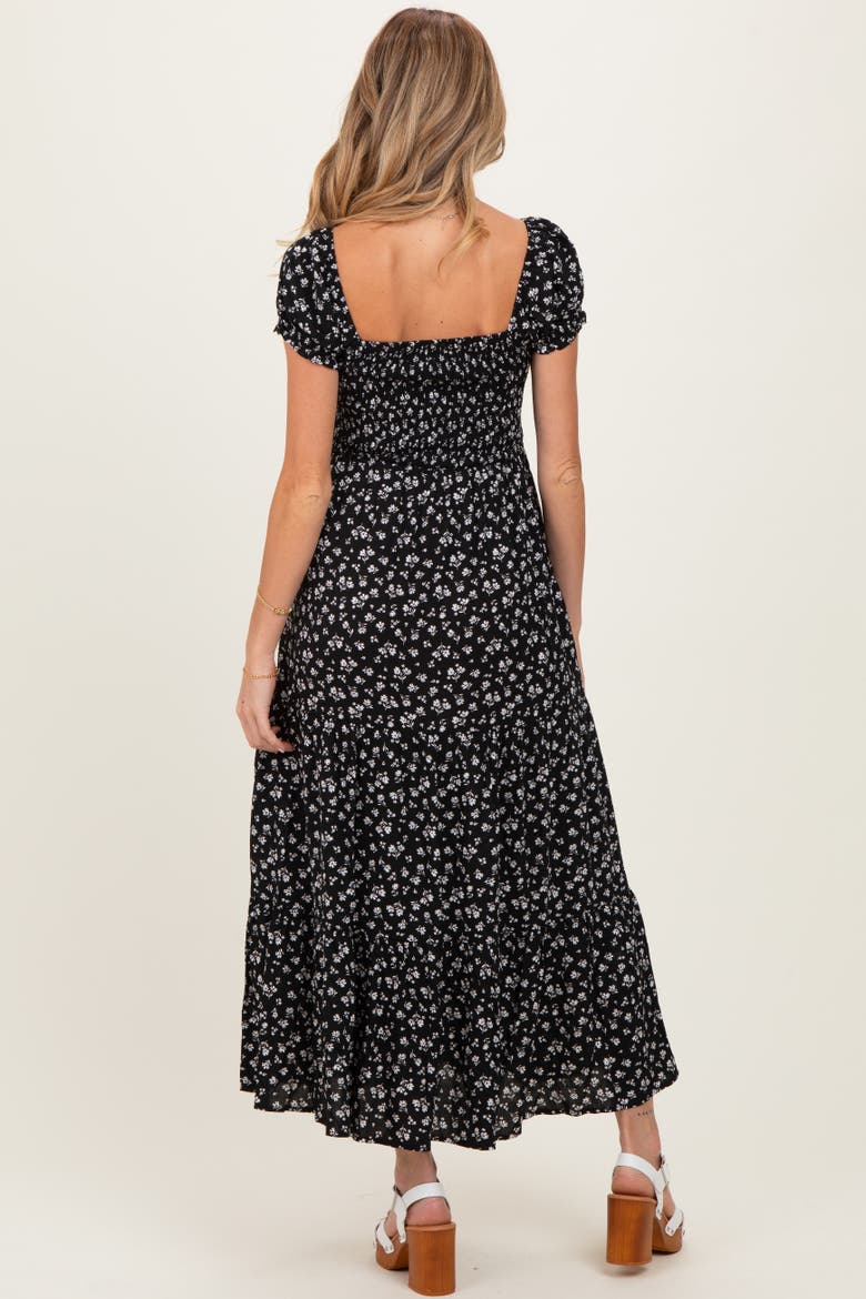 Floral Smocked Puff Sleeve Maxi Dress, Alternate, color, Black