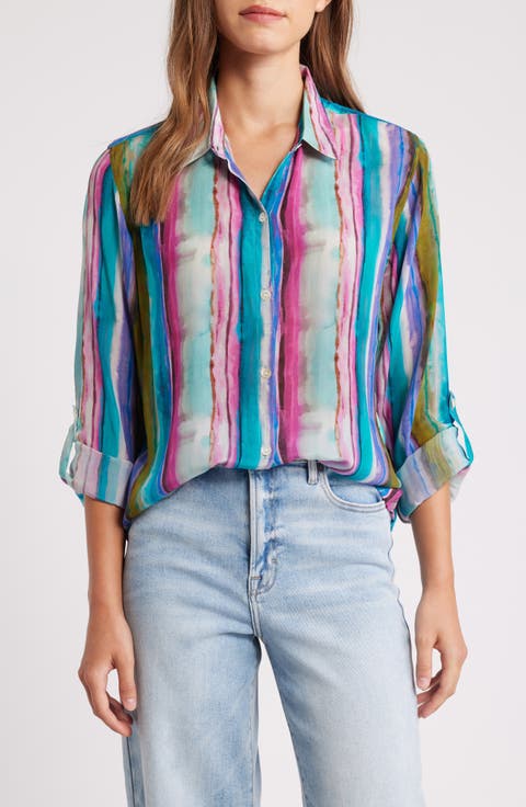 Print Roll-Up Sleeve Chiffon Button-Up Shirt