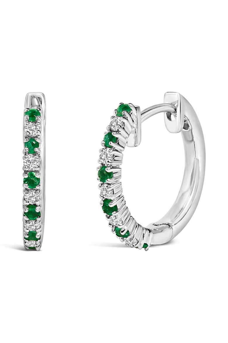 10K White Gold Alternating Emerald 1/10 Ct Diamond Huggy Hoop Earrings, Main, color, White