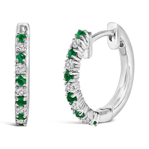10K White Gold Alternating Emerald 1/10 Ct Diamond Huggy Hoop Earrings