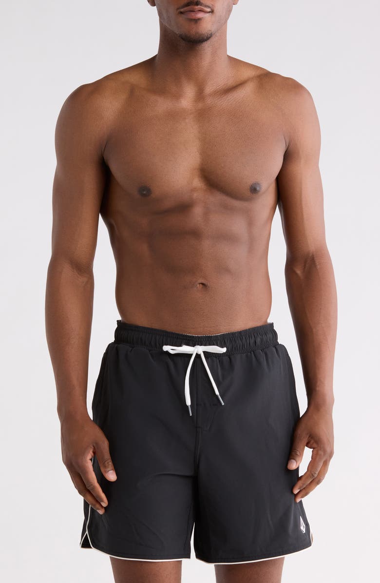 Volcom Piping Swim Trunks, Main, color, Black/ White