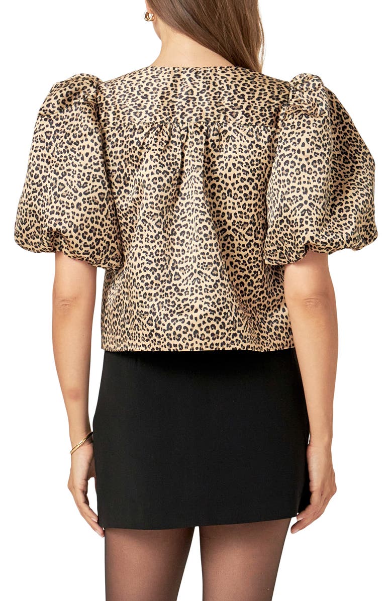 English Factory Leopard Print Tie Front Puff Sleeve Top, Alternate, color, 