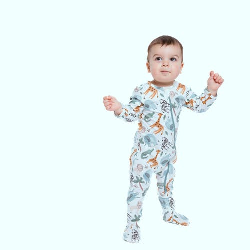 Norani Stretch Organic Cotton Zip Footie In Safari Animals