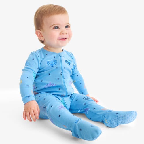 Primary Baby Organic Zip Footie In Rainbow Menorahs In Blue