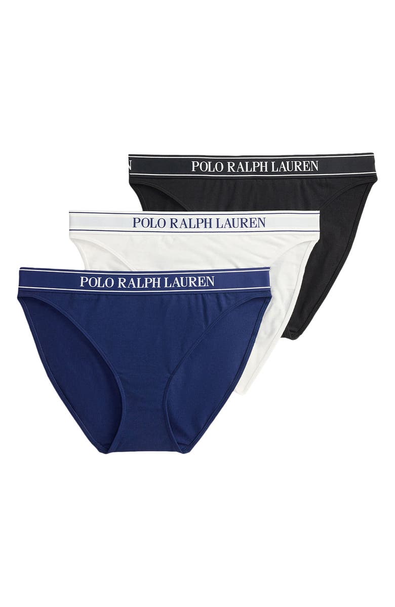 Polo Ralph Lauren Logo Band Assorted 3-Pack High Waist Bikinis, Alternate, color, White Cloud/ Onyx/ Navy