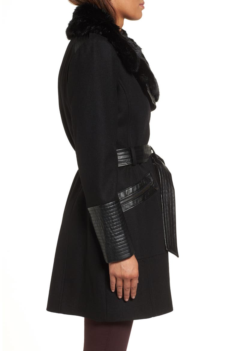 Faux Leather & Faux Fur Trim Belted Wool Blend Coat, Alternate, color, Z/DNUBLACK