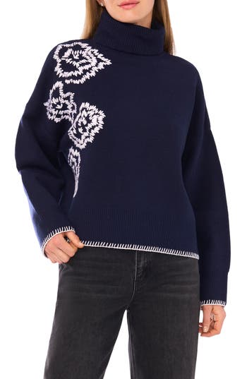 Parker Floral Embroidered Turtleneck Sweater In Blue