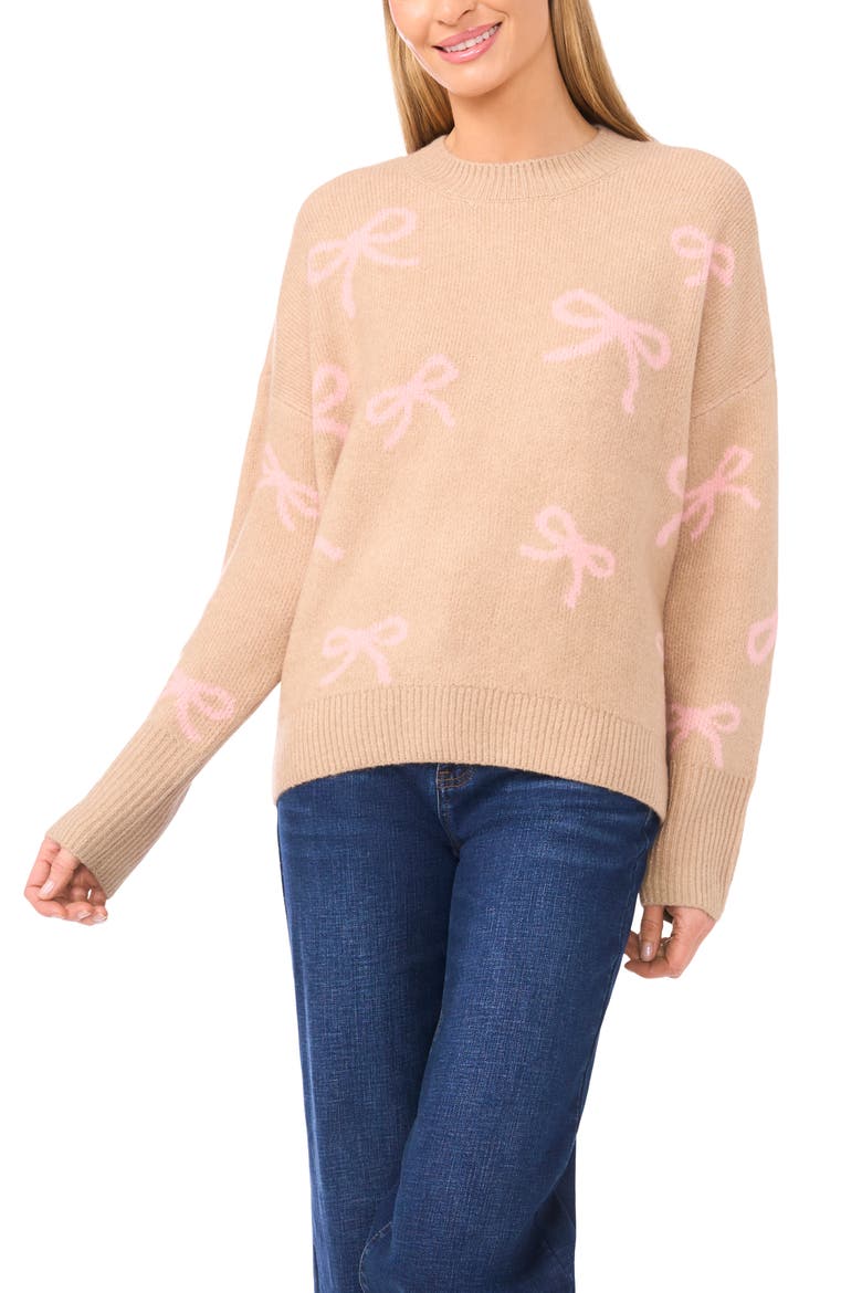 Bow Jacquard Crewneck Sweater, Main, color, COASTAL BEIGE