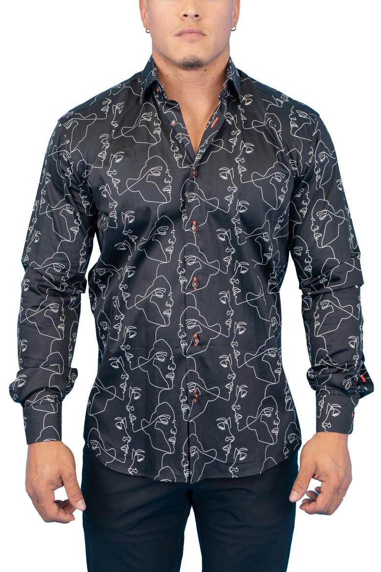 Fibonacci Retro Look Black Contemporary Fit Button-Up Shirt, Main, color, BLACK