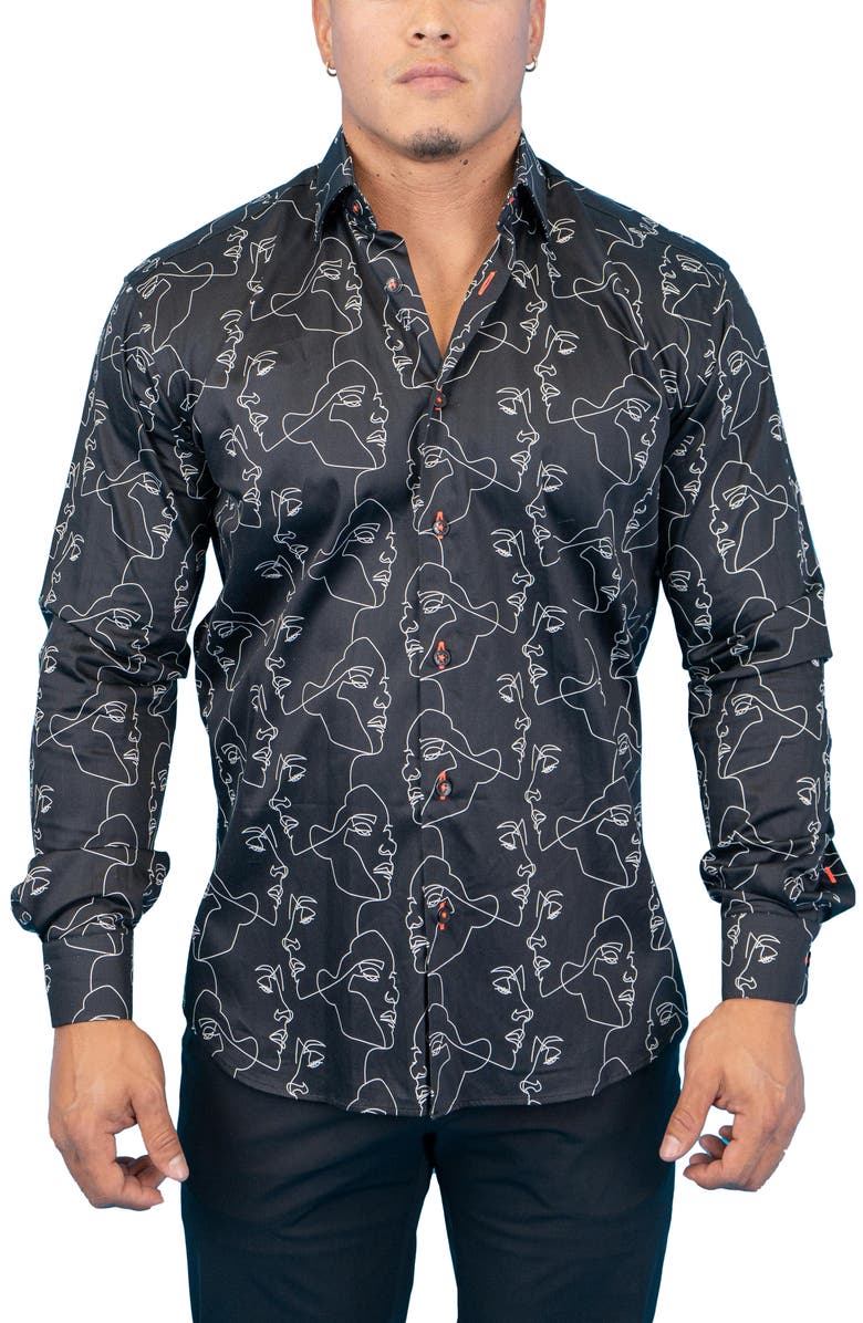 Maceoo Fibonacci Retro Look Black Contemporary Fit Button-Up Shirt, Main, color,
