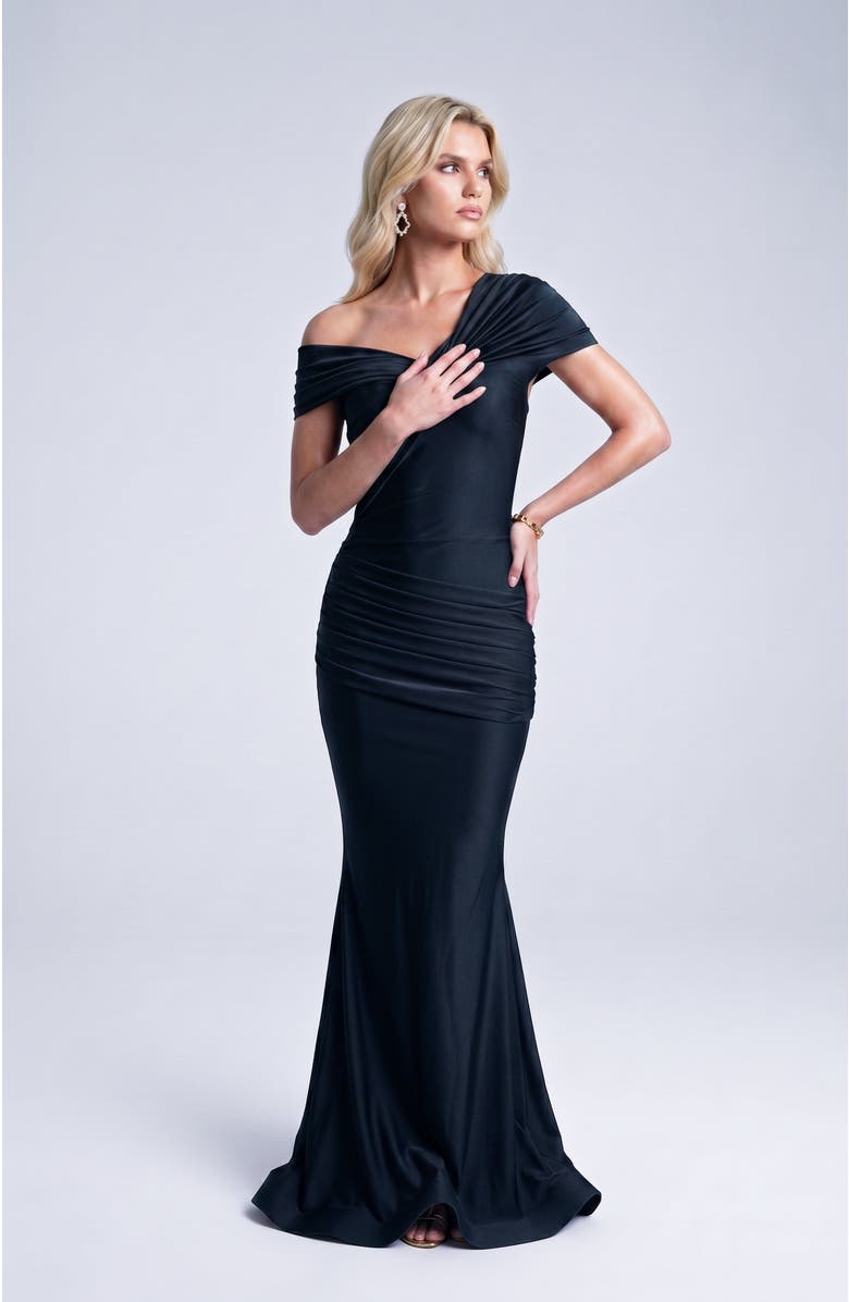 Jessica Angel One Shoulder Twist Ruched Mermaid Evening Gown, Alternate, color, Black