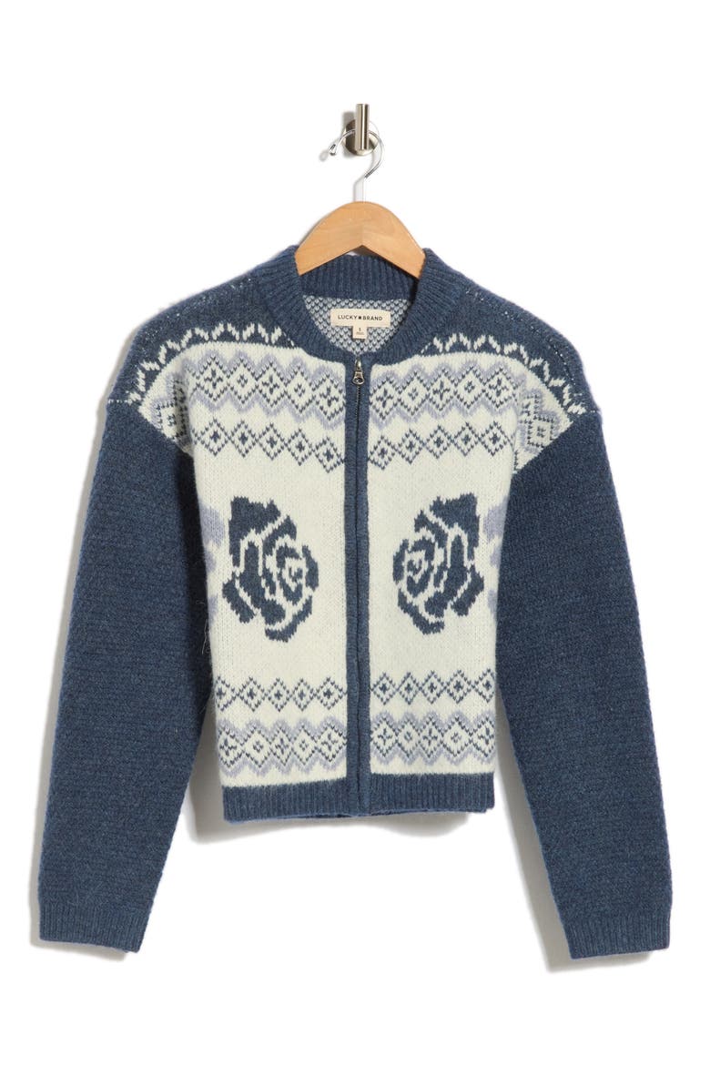 Fair Isle Bomber Cardigan, Alternate, color, BLUE INDIGO