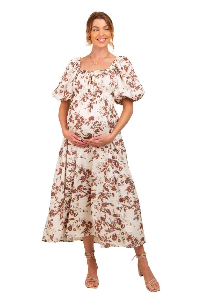 Floral Puff Sleeve Midi Dress, Alternate, color, Brown