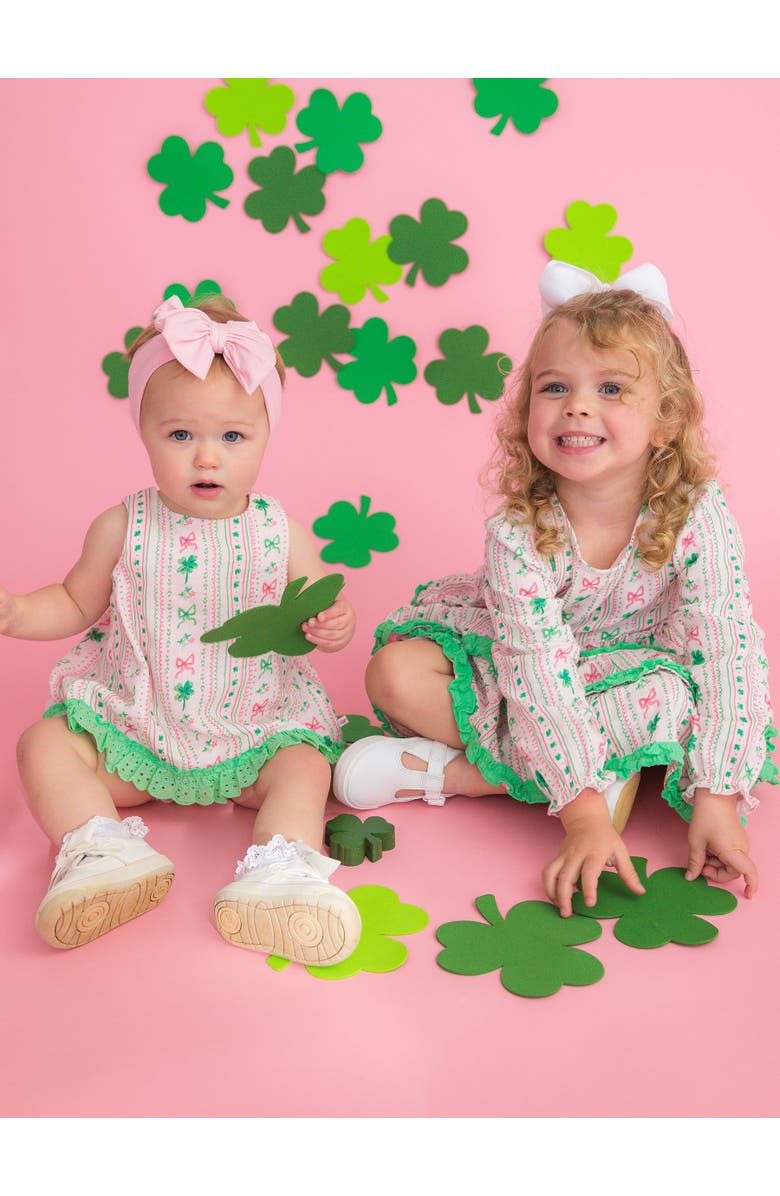 RuffleButts Cotton Gauze Swing Top and Bloomer Set, Alternate, color, Clover Bows 
Wishes