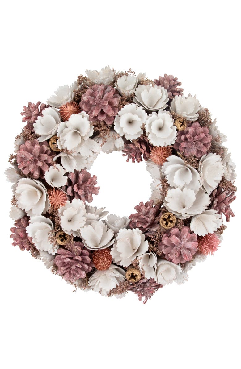 Northlight 13" White and Pink Wooden Floral Christmas Wreath with Pinecones, Main, color, White