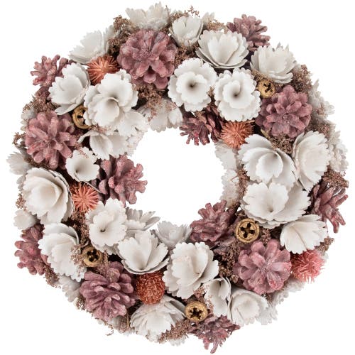 Northlight 13" White And Pink Wooden Floral Christmas Wreath With Pinecones In Pink