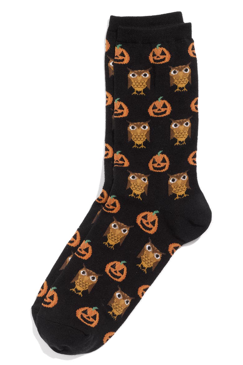 Pattern Socks, Main, color, PUMPKINS AND OWLS (BLACK)