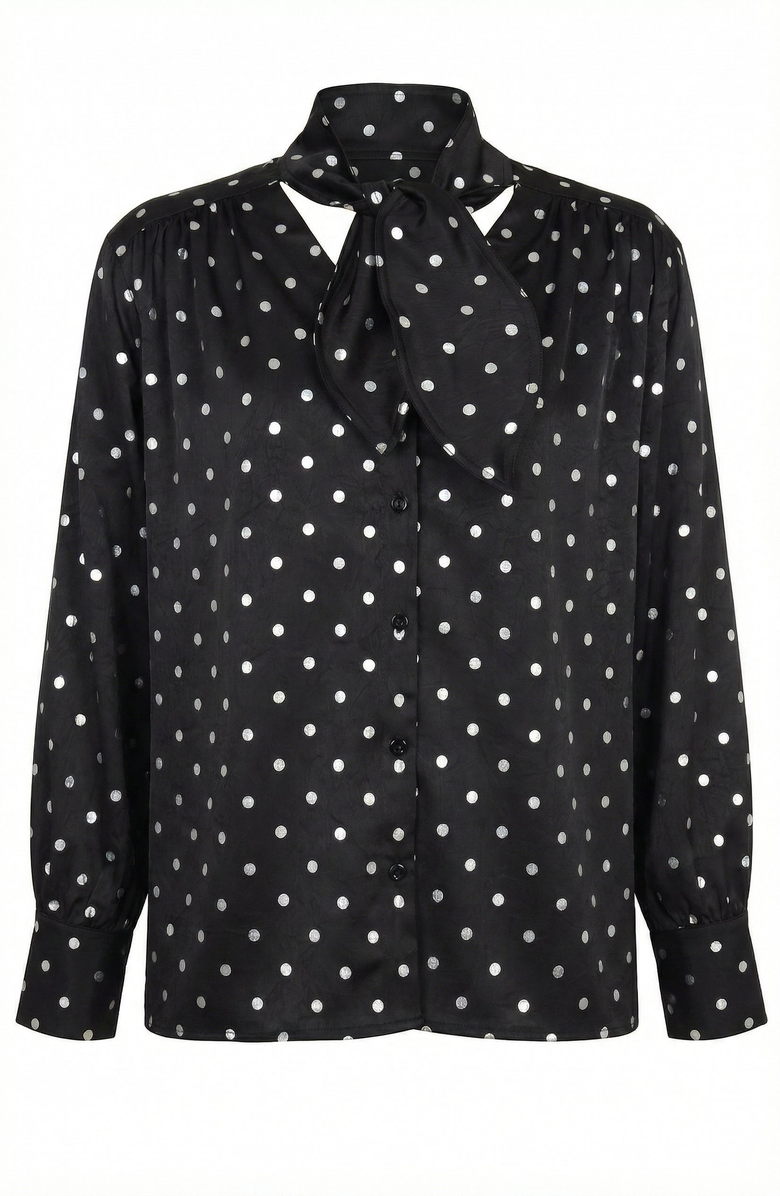 Modenaire Polka Dot Tie Neck Blouse, Alternate, color, Black