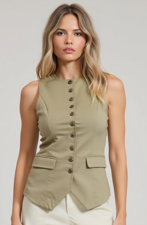 Modenaire Tailored Button Front Vest With Flap Pockets And Notched Hem In Green