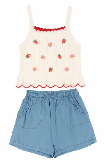 Rare Editions Kids' Strawberry Knit Tank & Chambray Shorts Set