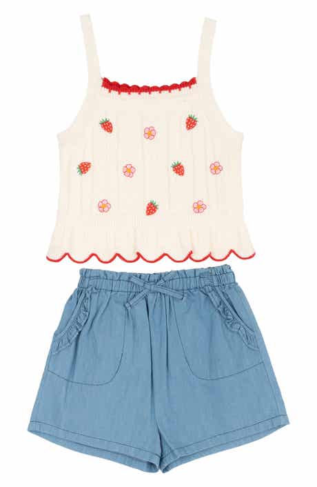 Rare Editions Kids' Strawberry Knit Tank & Chambray Shorts Set