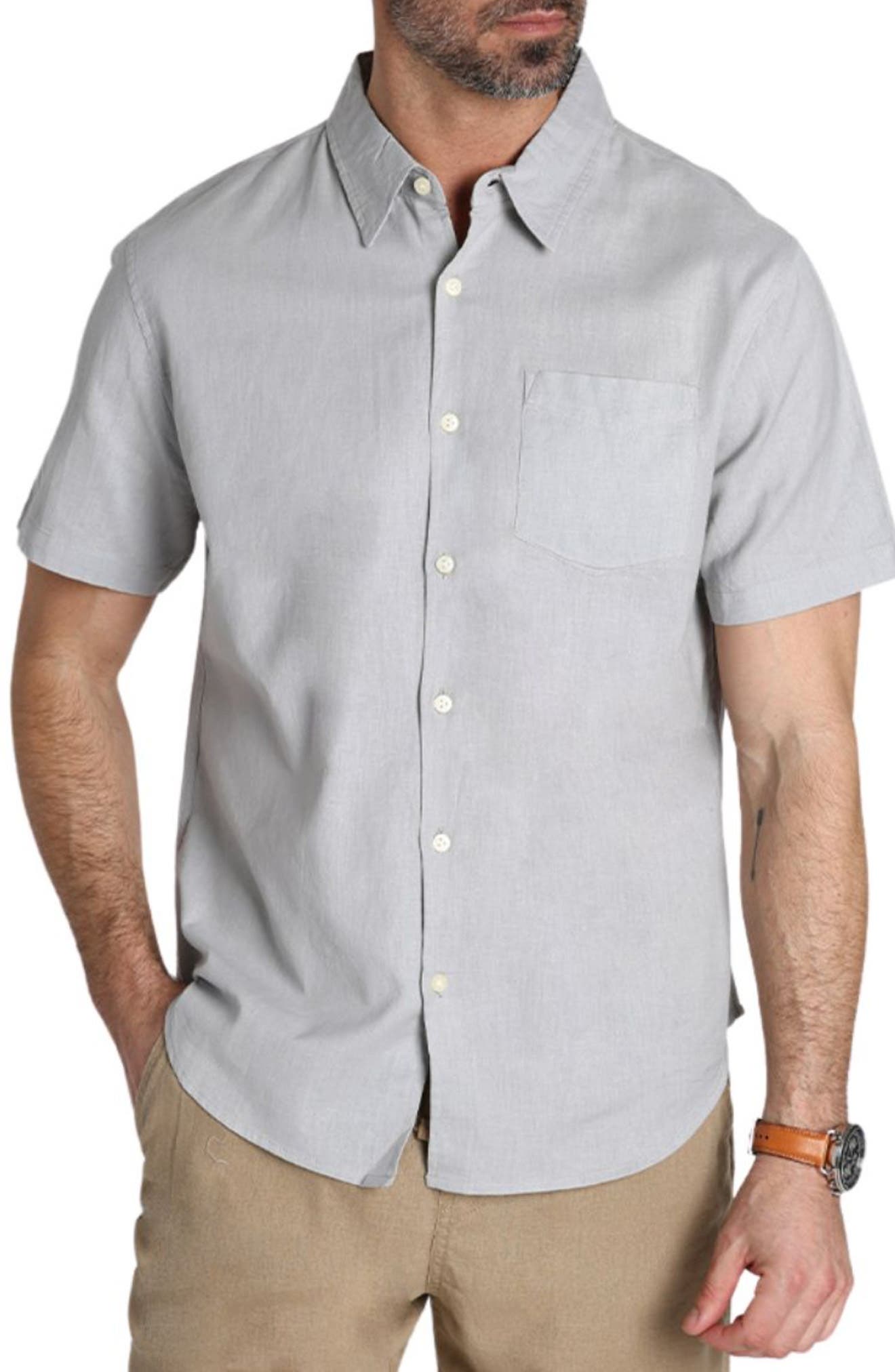 JACHS Solid Short Sleeve Cotton & Linen Button-Up Shirt