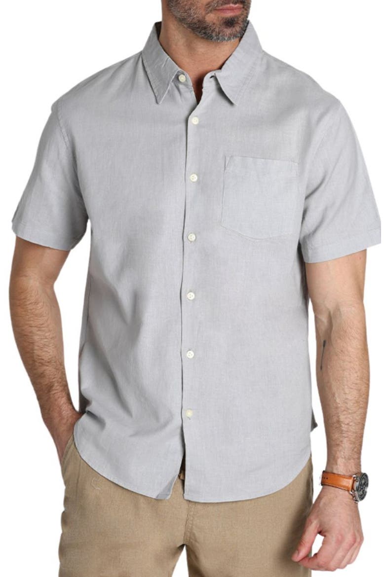 Solid Short Sleeve Cotton & Linen Button-Up Shirt, Main, color, GREY