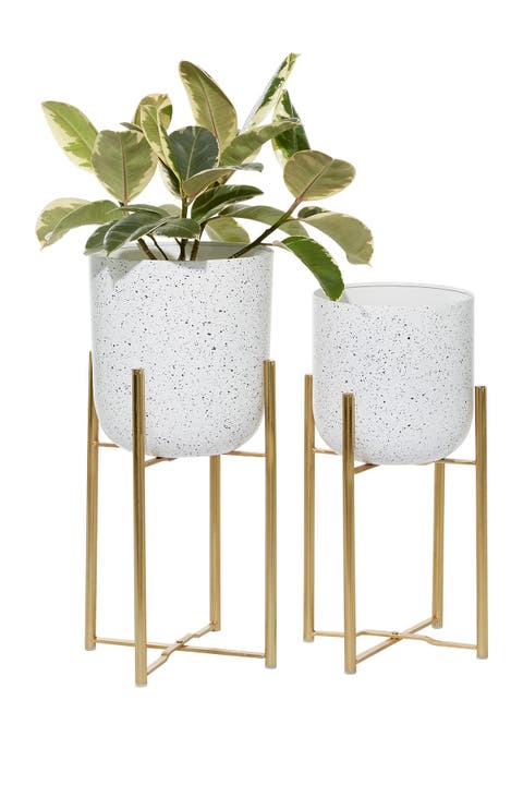 White Metal Contemporary Round Planter - Set of 2