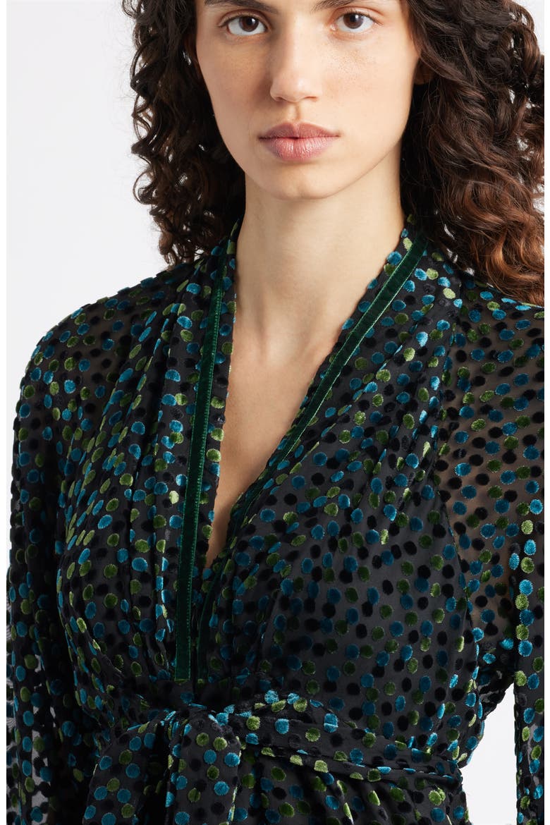 Amaia Velvet Flock Dot Long Sleeve Minidress, Alternate, color, GREEN