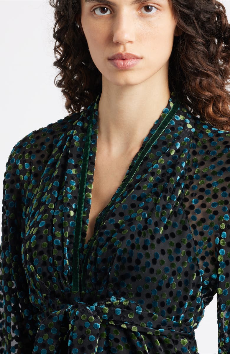 CIEBON Amaia Velvet Flock Dot Long Sleeve Minidress, Alternate, color, Green