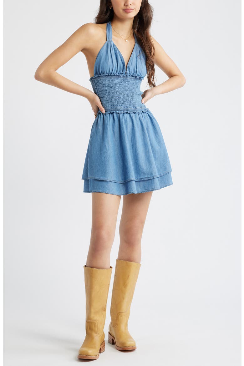 Tie Neck Tiered Halter Denim Minidress, Main, color, MEDIUM WASH