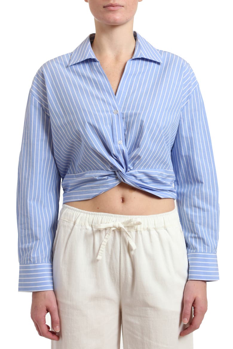 Stripe Twist Front Crop Button-Up Shirt, Main, color, BLUE STRIPED