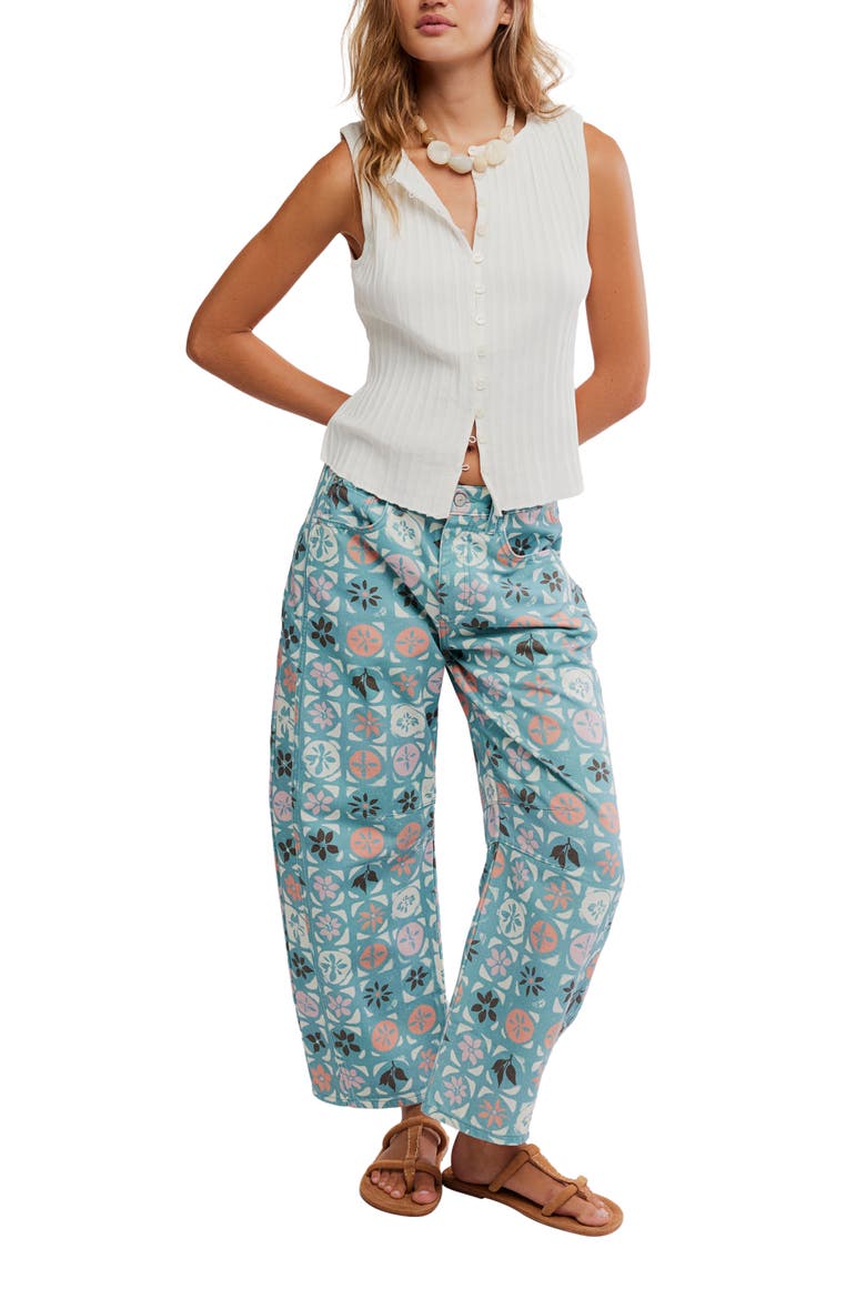 Print Barrel Leg Jeans, Alternate, color, JADE COMBO/ DITSY BLUE