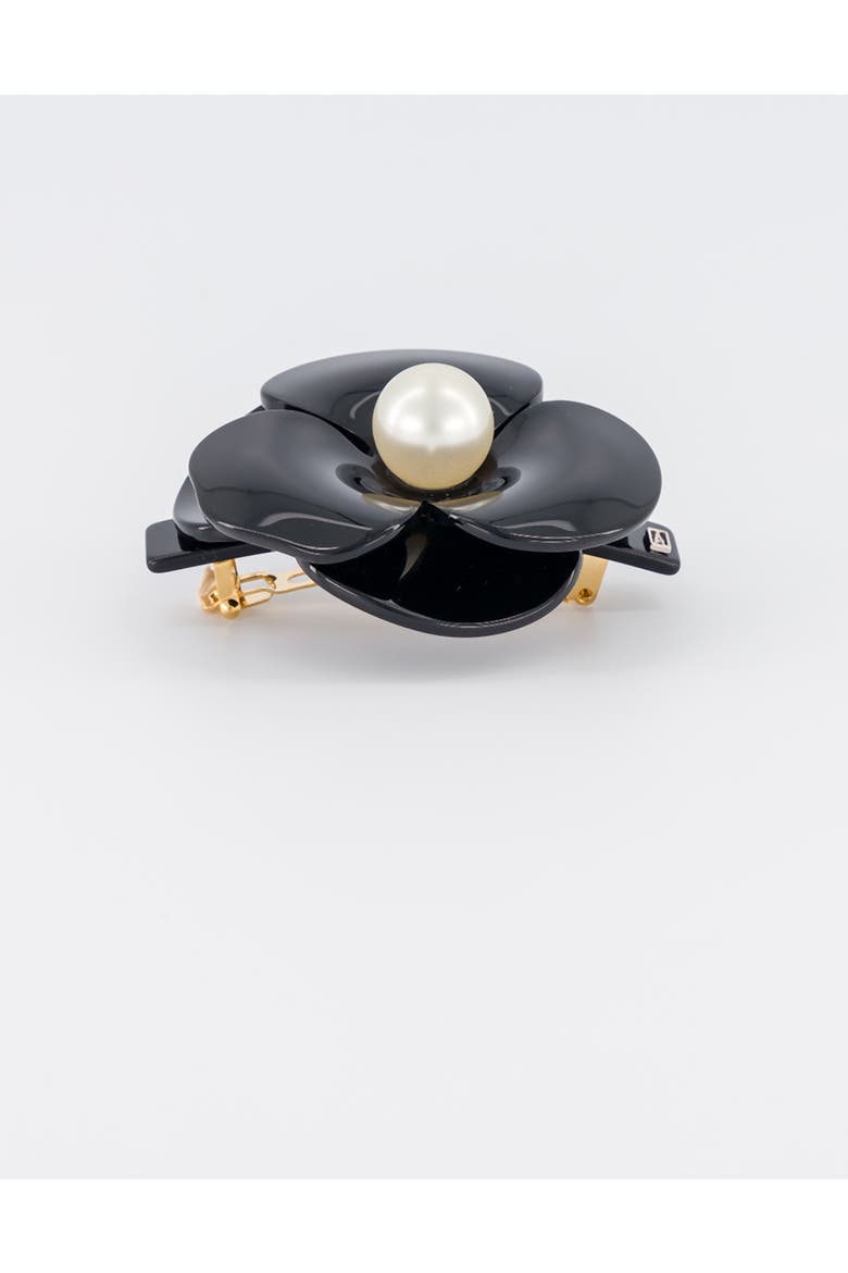 Camelia Mythique Acetate and Pearl Hair Barrette, Alternate, color, Black