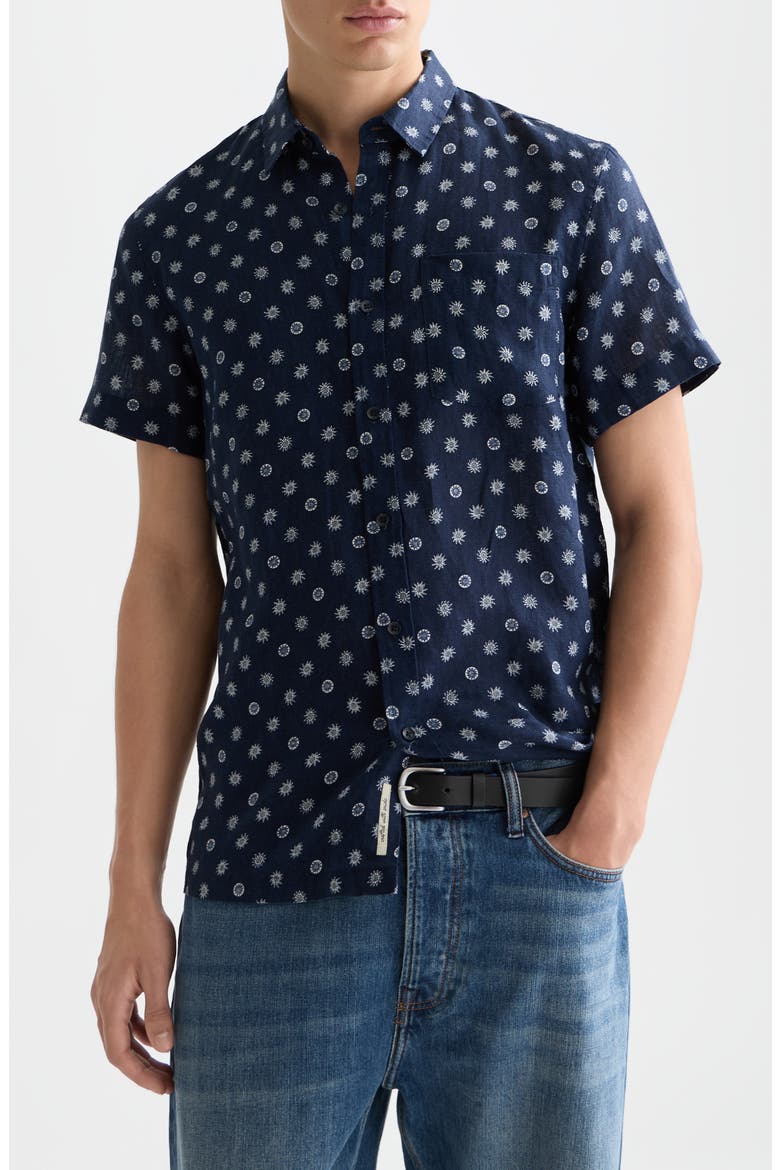 Star Flower Print Short Sleeve Linen Button-Up Shirt, Main, color, FOULARD DRESS BLUES