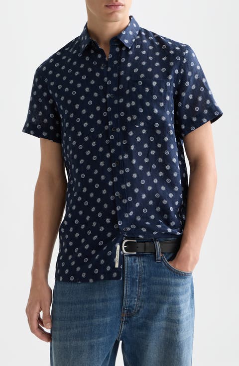 Star Flower Print Short Sleeve Linen Button-Up Shirt