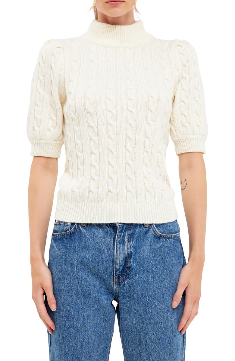 English Factory Puff Sleeve Cable Knit Sweater, Alternate, color, 