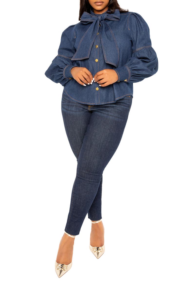 Bow Neck Puff Shoulder Denim Shirt, Alternate, color, DENIM BLUE