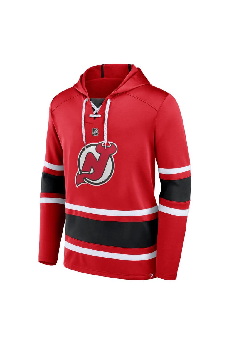 Men's Fanatics Branded Jack Hughes Red New Jersey Devils Name & Number Lace-Up Pullover Hoodie, Alternate, color, Red