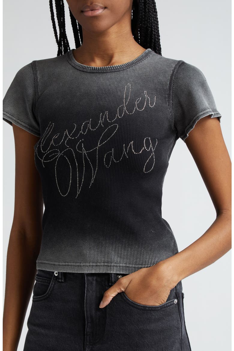 Ombré Hotfix Cursive Logo Rib T-Shirt, Alternate, color, WASHED ASH