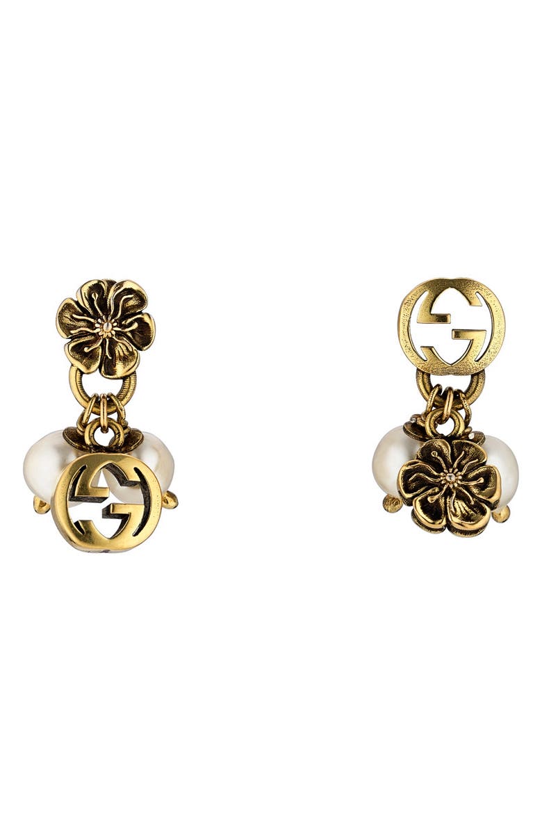 Gucci Interlocking-G Mismatched Imitation Pearl Drop Earrings, Main, color, 