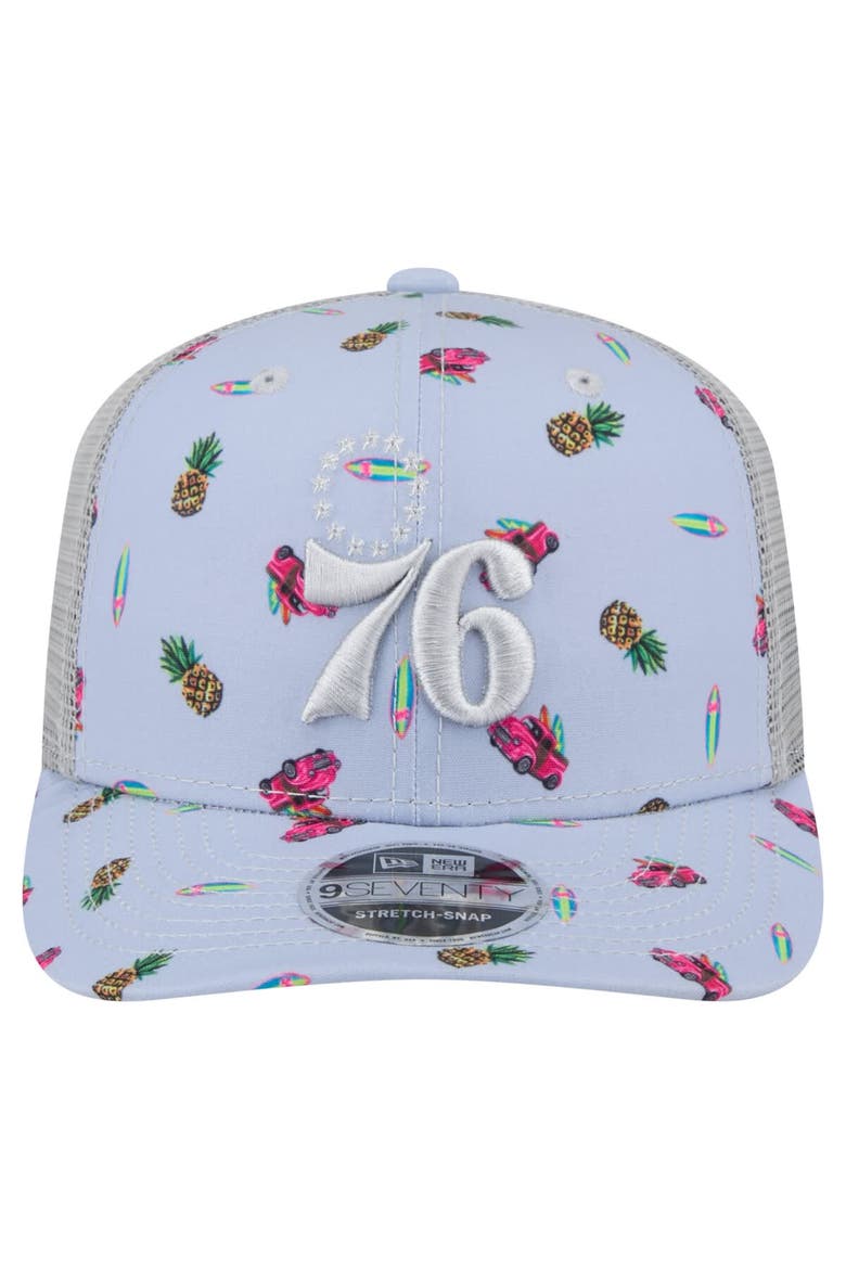 Men's New Era Light Blue/Gray Philadelphia 76ers Adventure Aloha Pattern 9SEVENTY Stretch-Snap Hat, Alternate, color, Light Blue