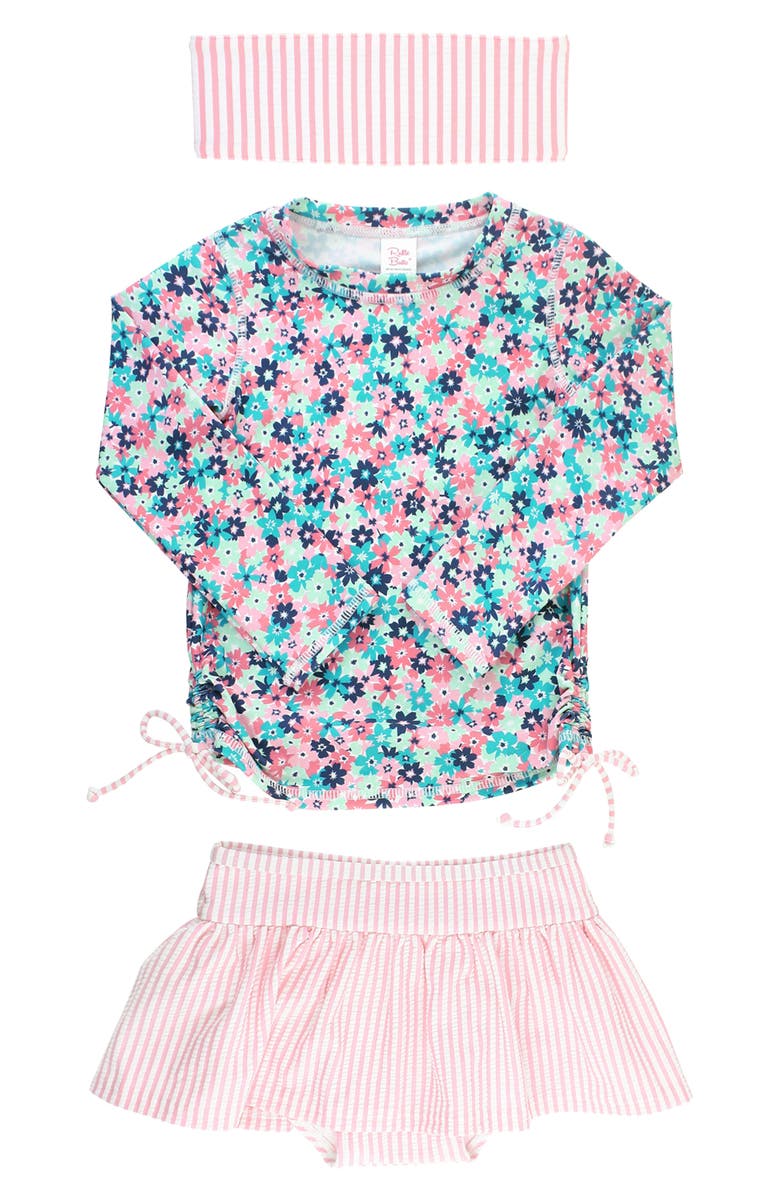 RuffleButts Water Lilies Two-Piece Rashguard Swimsuit & Head Wrap Set, Main, color,