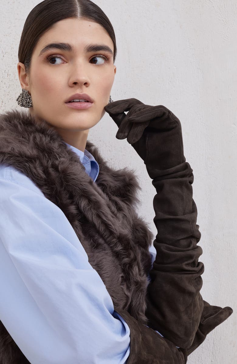 Brunello Cucinelli Couture suede gloves, Alternate, color, Rust Brown