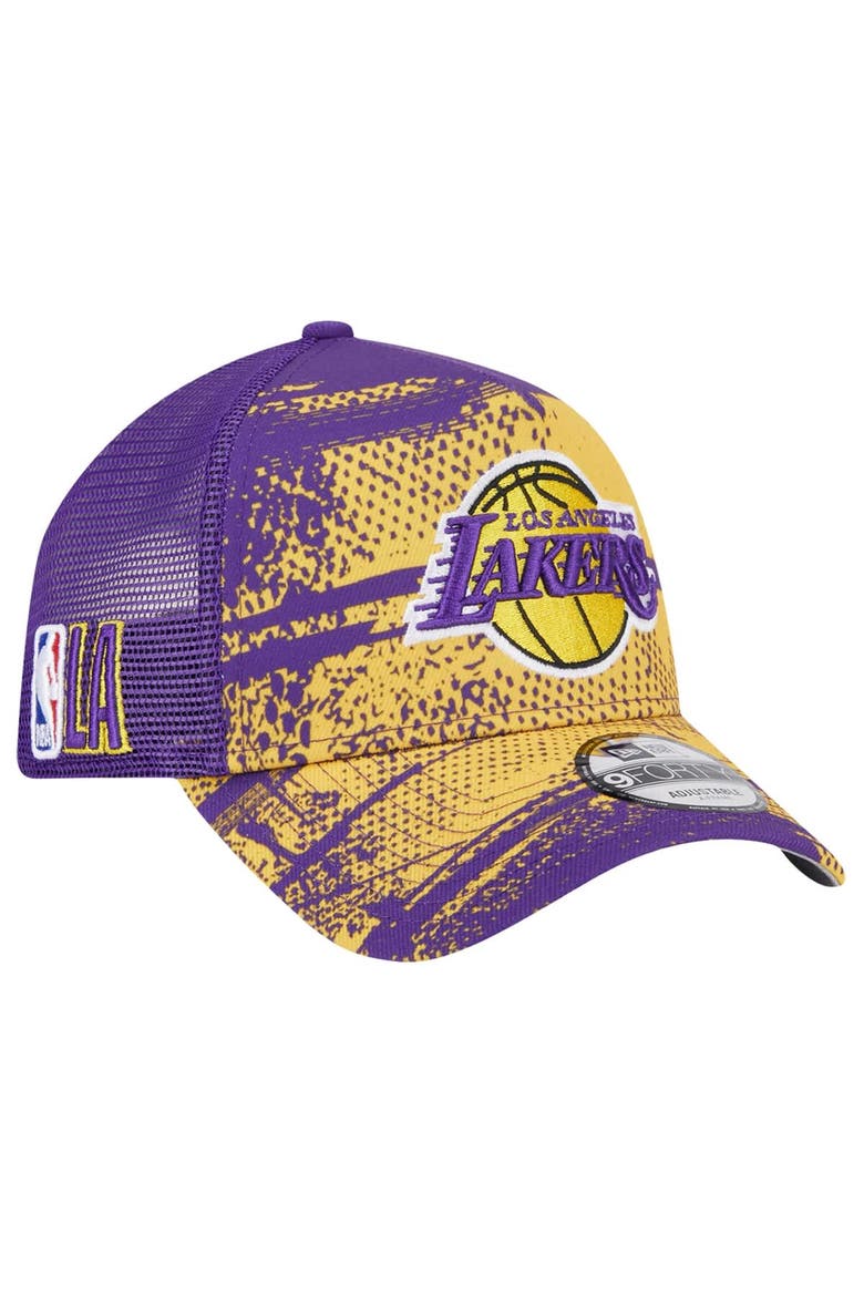 Men's New Era Purple/Gold Los Angeles Lakers Tip Off A-Frame Trucker 9FORTY Adjustable Hat, Main, color, Purple